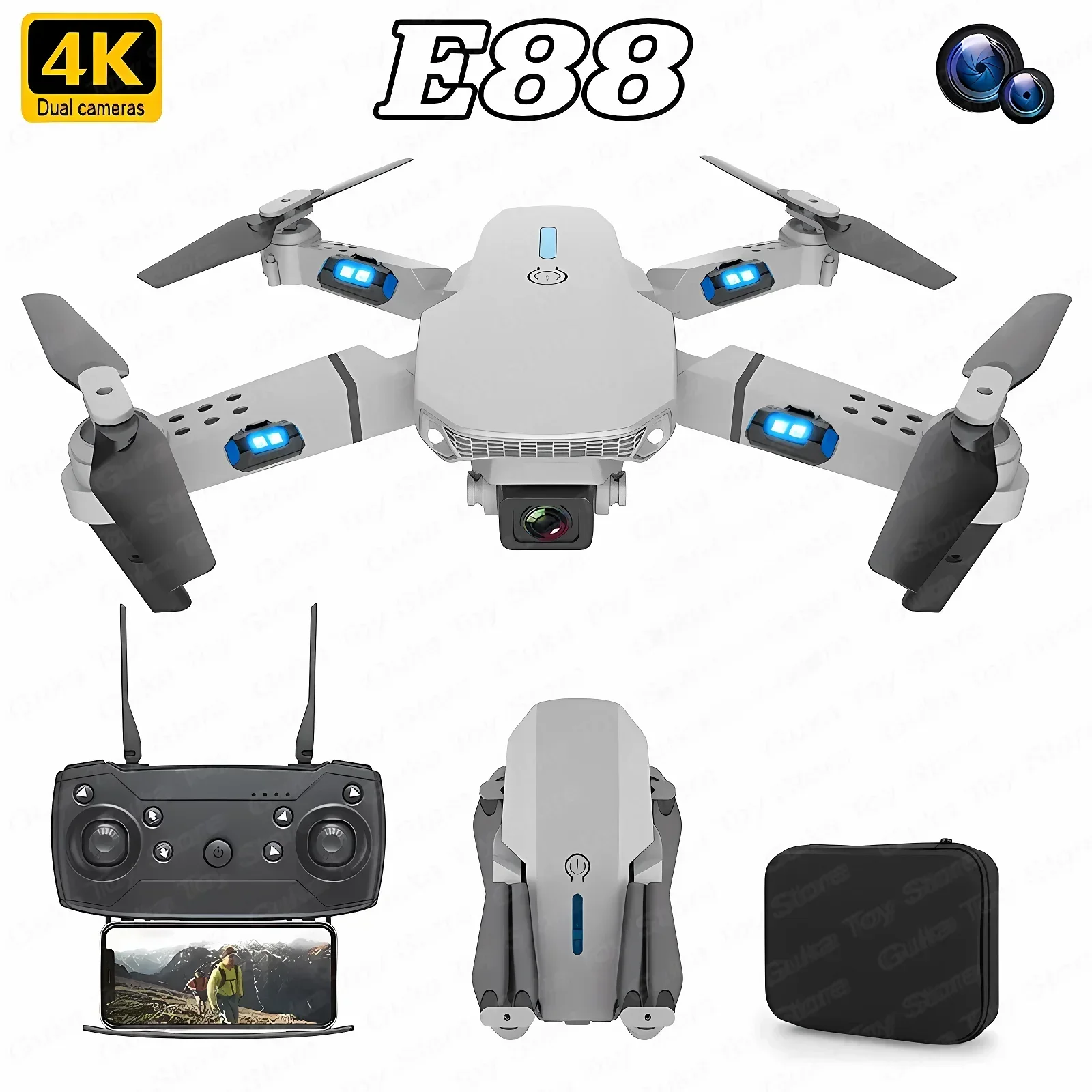 Drone Rc App - 折りたたみ式クワッドコプター,e88プロ広角fpv,wifi,hd,4k,1080p,カメラ,高さ保持,rc,ヘリコプターのおもちゃ,男の子へのクリスマスプレゼント
